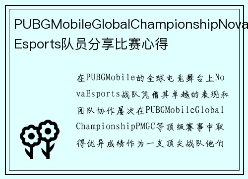 PUBGMobileGlobalChampionshipNovaEsports队员分享比赛心得