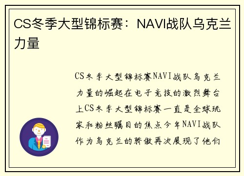 CS冬季大型锦标赛：NAVI战队乌克兰力量